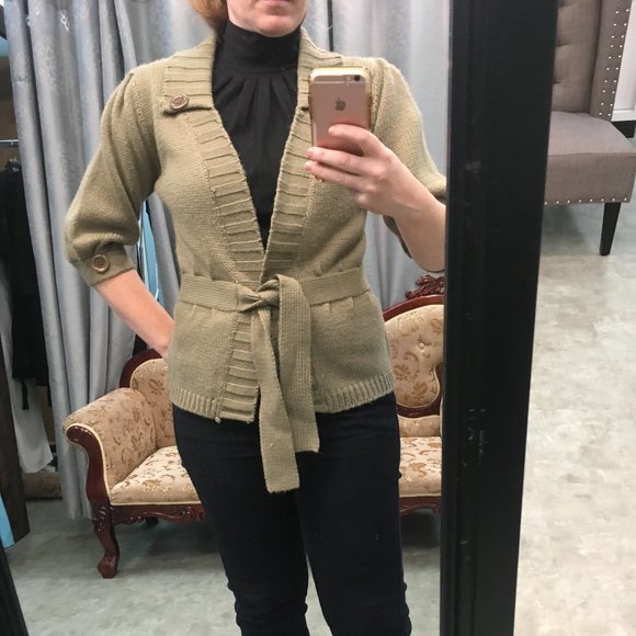 1/2 Bell Sleeved Belted Knit Sweater Cardigan - Picture 1 of 13